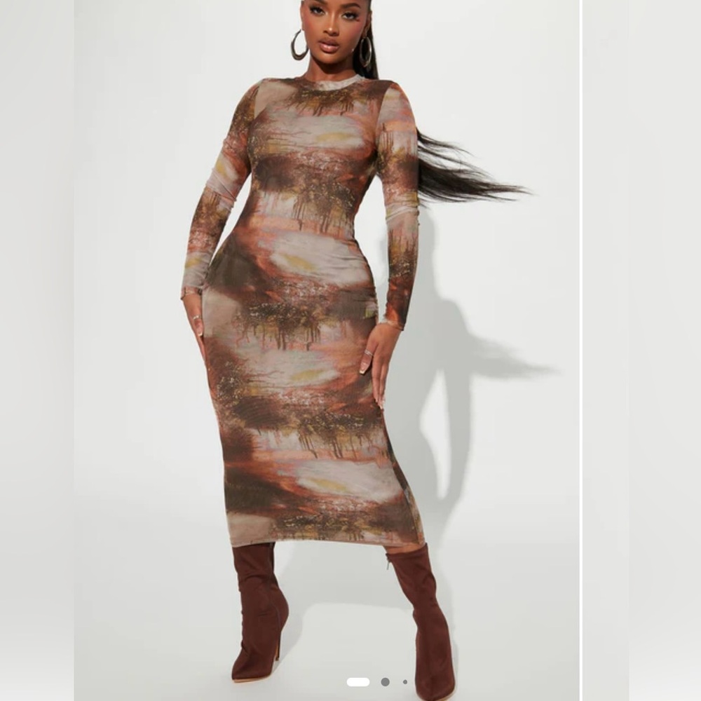 Fashion Nova Earthy Tones Long Sleeve Dress